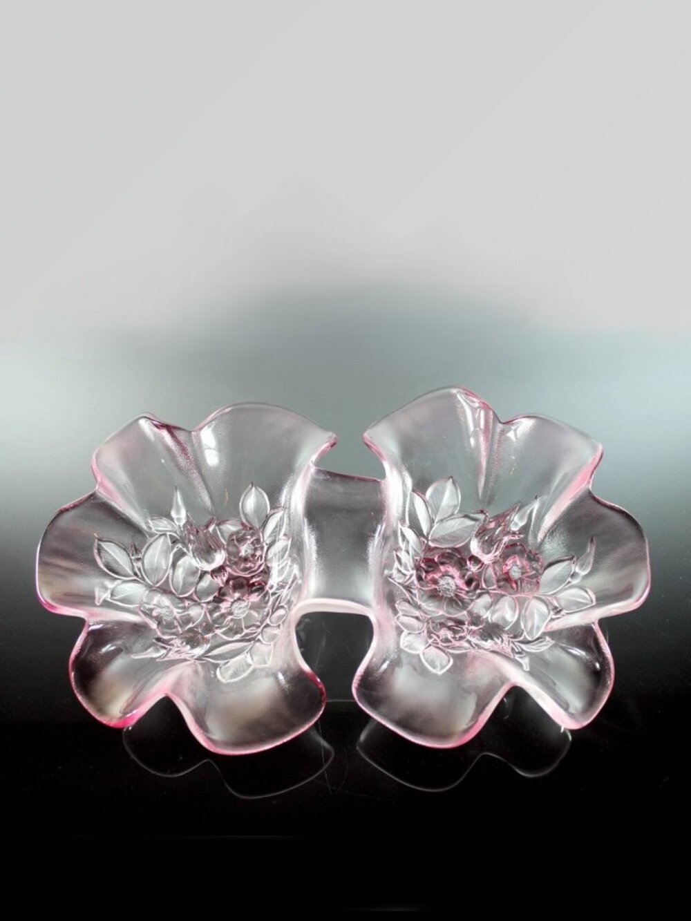 Vintage MIKASA Rosella Divided Bowl Petal Shaped Pink Tint Floral Frosted Glass